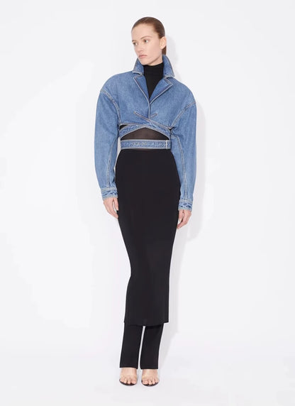 Denim Cropped Blazer with Lace Waist