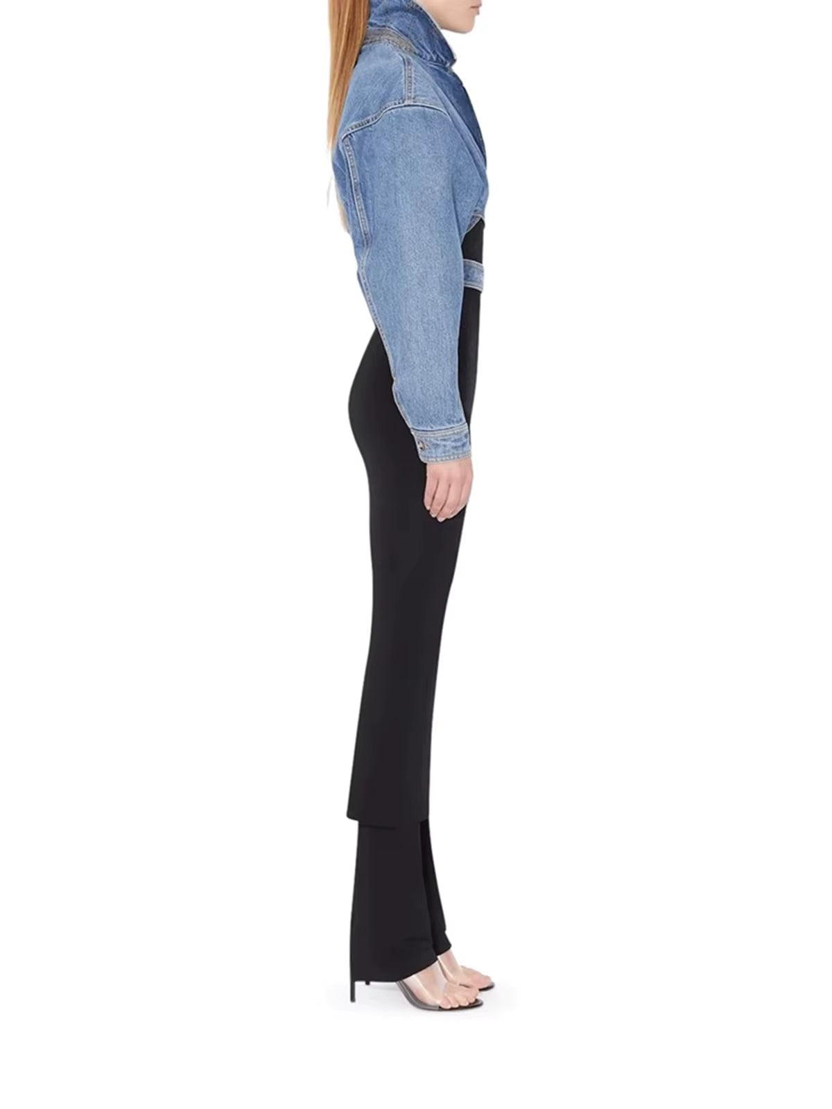 Denim Cropped Blazer with Lace Waist