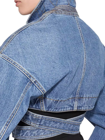 Denim Cropped Blazer with Lace Waist