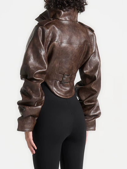 Vintage leather corset jacket with piped sleeves