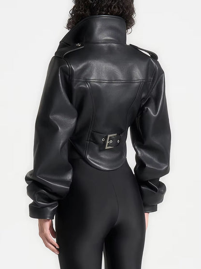 Vintage leather corset jacket with piped sleeves