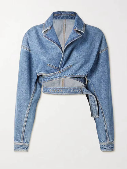 Denim Cropped Blazer with Lace Waist