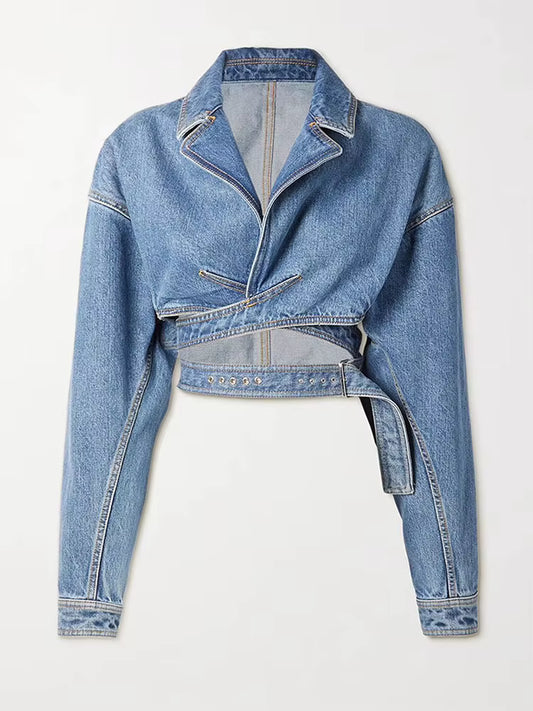 Denim Cropped Blazer with Lace Waist