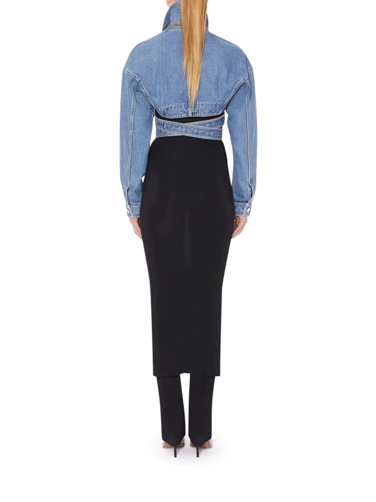Denim Cropped Blazer with Lace Waist