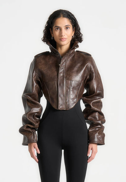 Vintage leather corset jacket with piped sleeves