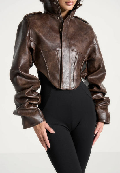 Vintage leather corset jacket with piped sleeves