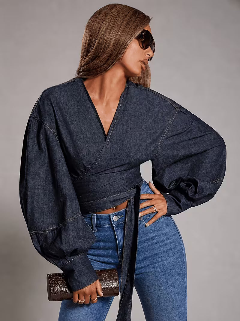 Denim Wrap Blouse with Puff Sleeves