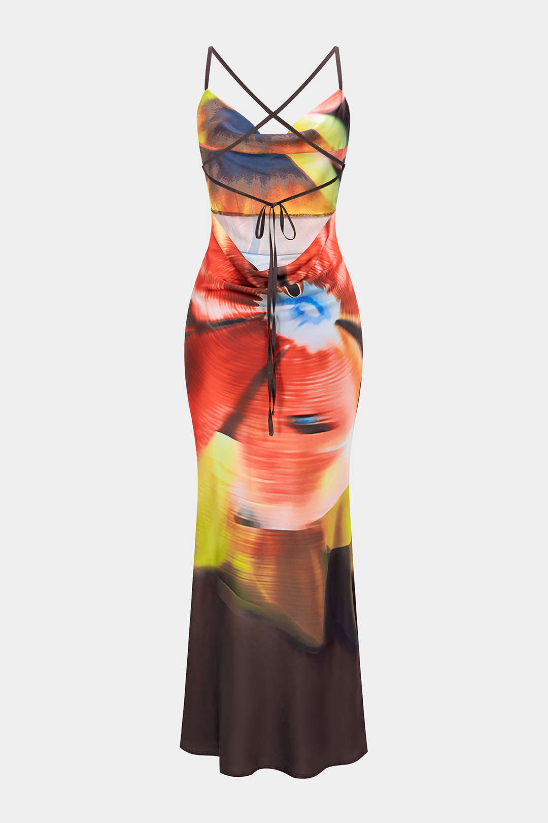 Tie-dye satijnen maxijurk met drapering en watervalhals