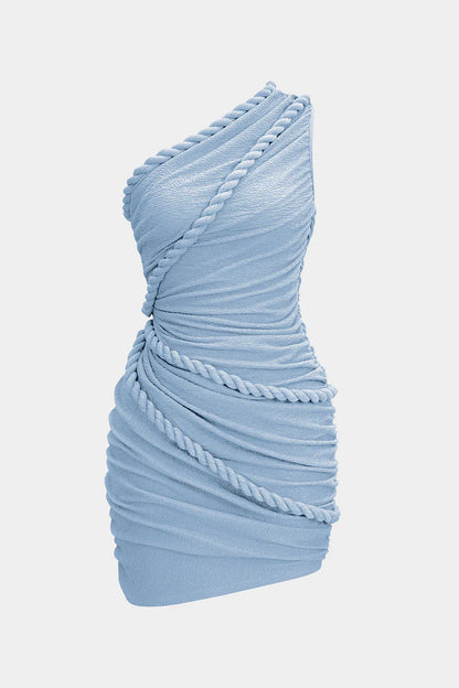 Sleeveless pleated mini dress with one shoulder and twist button