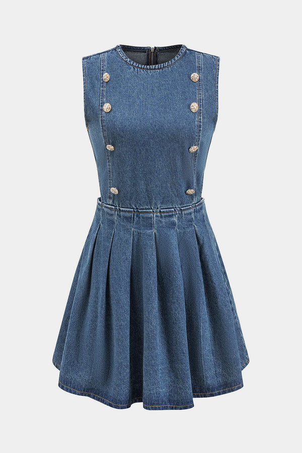 Denim geplooide minijurk met knoopjes en rits