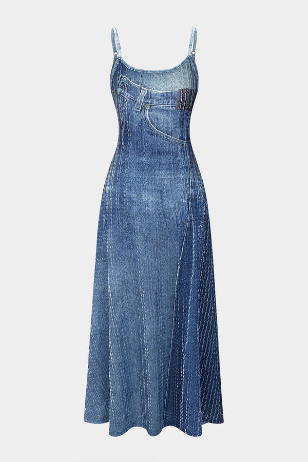 Denim mouwloze maxijurk met spaghettibandjes