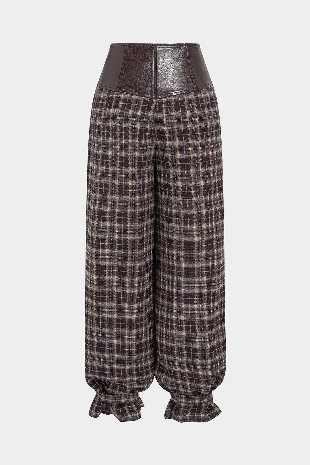 Geruite leren-look broek met knoopjes en ballonmodel