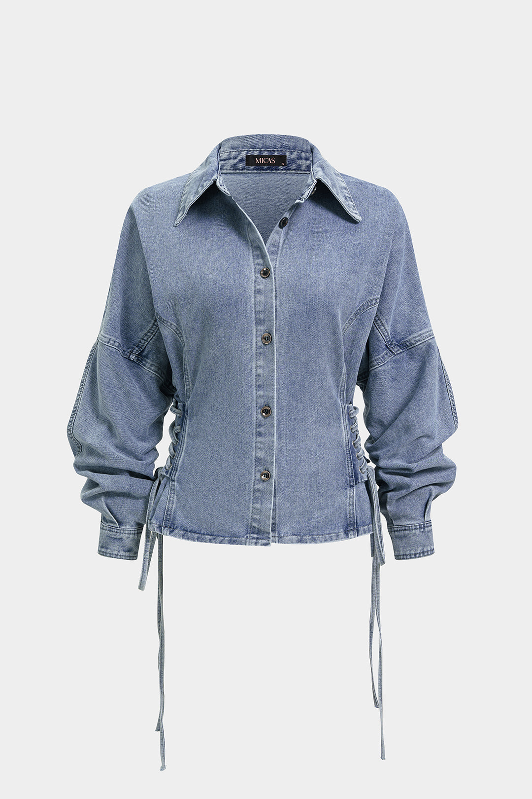 Cato - Denim blouse met strik en lange mouwen