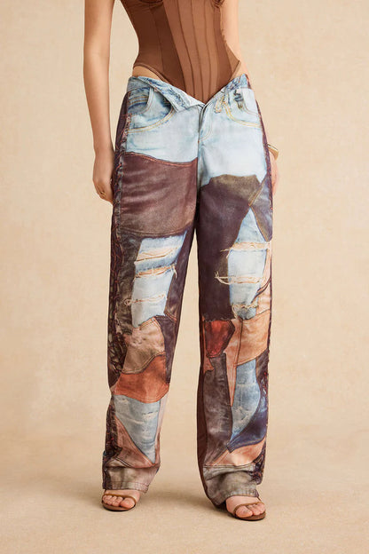 Trousers with color blocks and wide legs