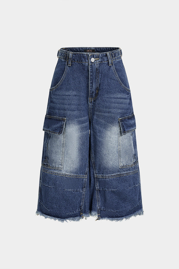 Denim short met zakken en rafelrand