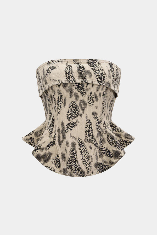 Luipaardprint denim strapless top met rits