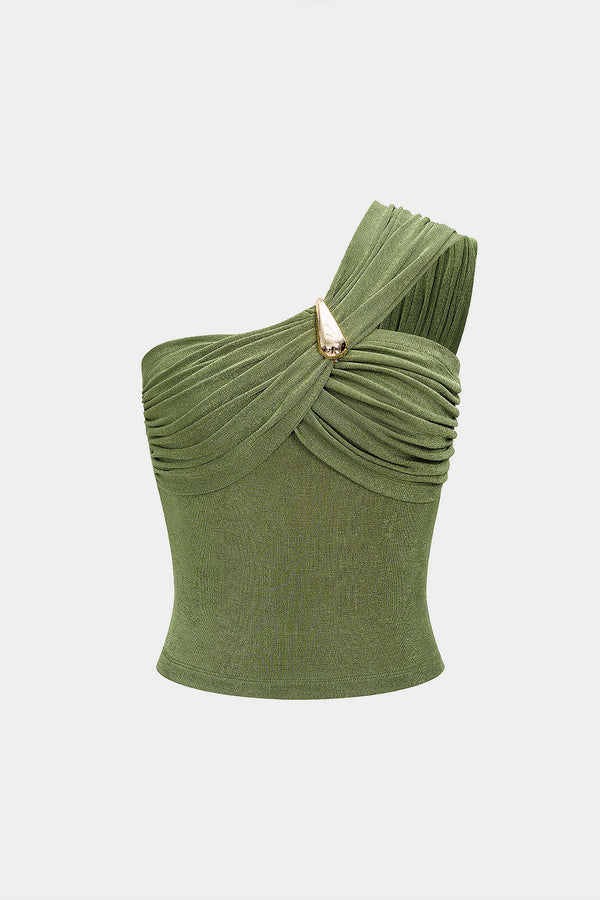 Metallic tanktop met één schouder en ruches