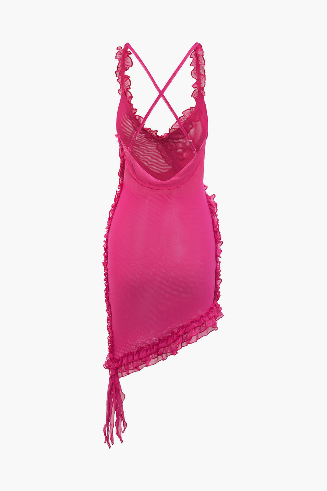 Transparante mesh minijurk met volants en open rug