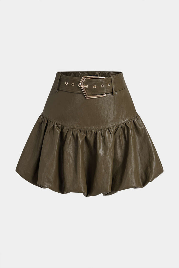 Leren-look metallic minirok met riem en ruches