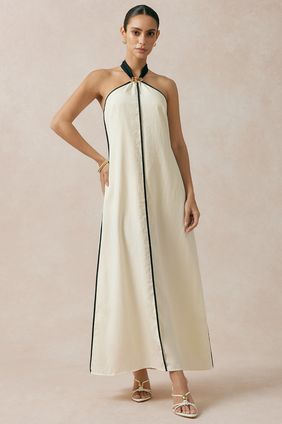 Linnen metallic maxijurk met halternek