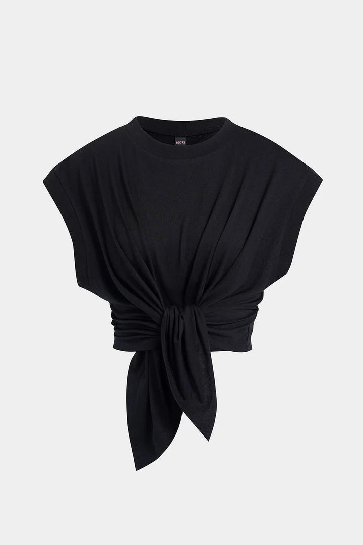 Plain T-shirt with pleats and a bow on the front
