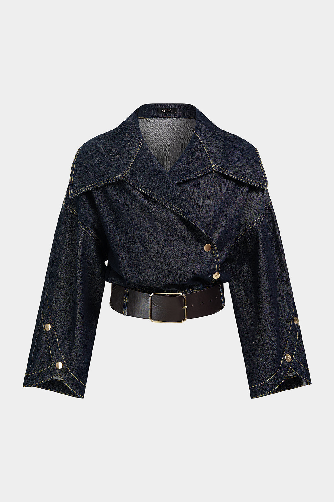 Denim asymmetrisch jasje met revers en riem