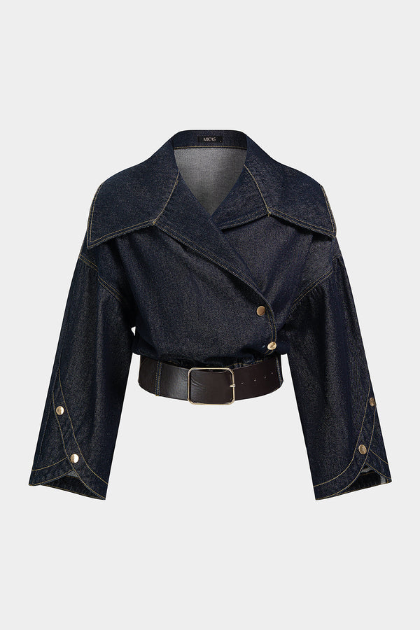 Denim asymmetrisch jasje met revers en riem