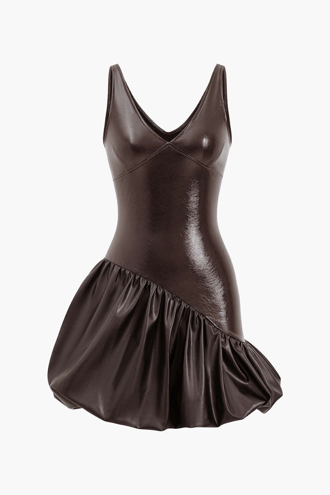 Leren-look asymmetrische minijurk met ruches en V-hals