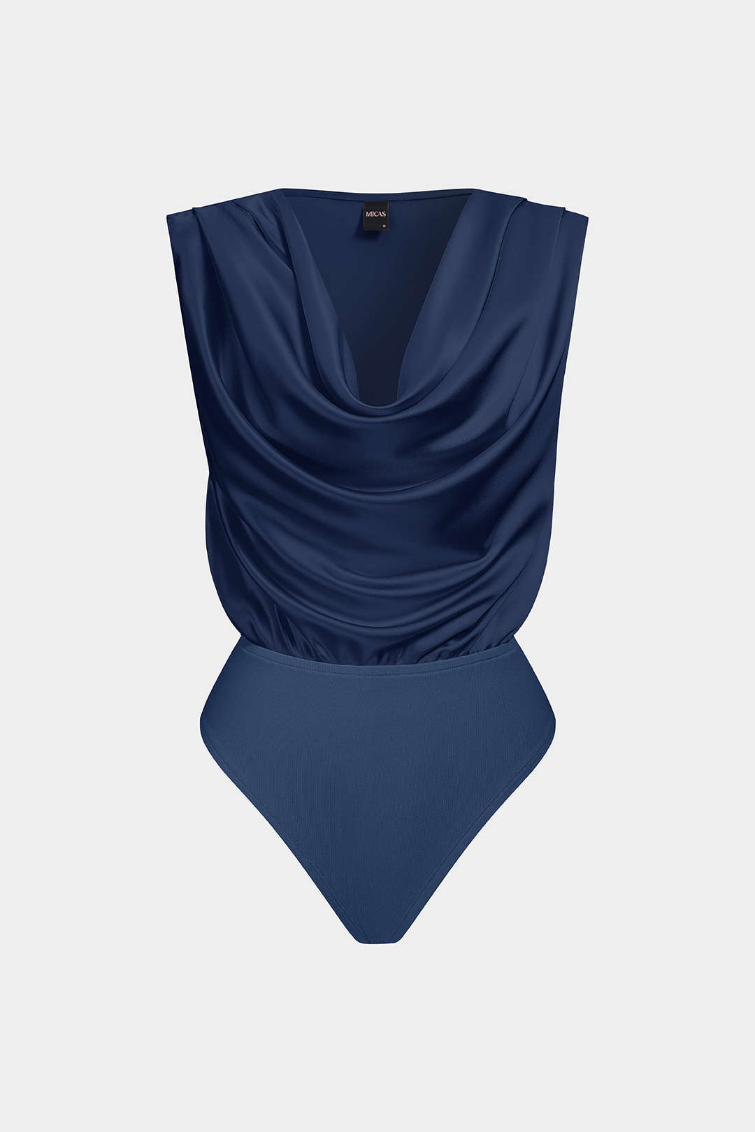 Patchwork satijnen body met drapering en watervalhals