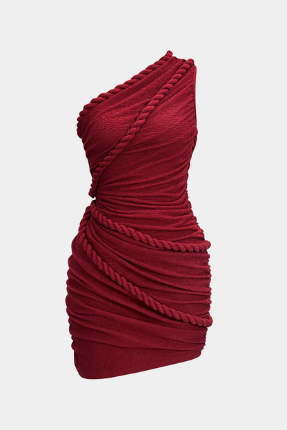 Sleeveless pleated mini dress with one shoulder and twist button