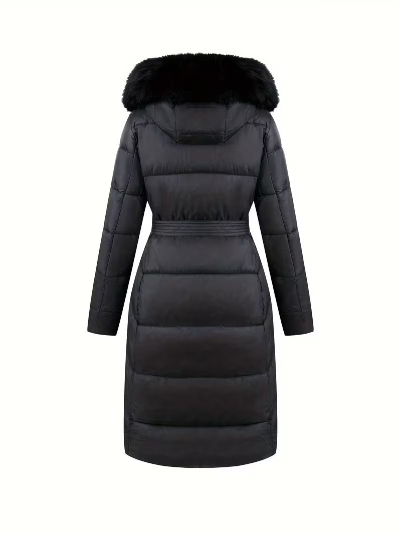 Midi Puffer Jacket with Hood and Belt - Long