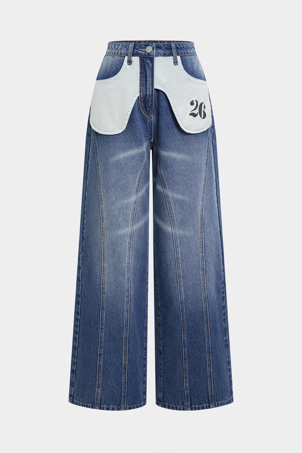 Patchwork jeans met hoge taille en rechte pijp