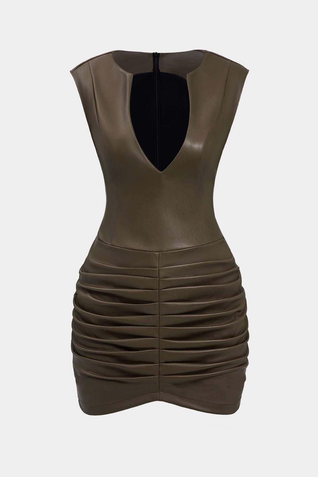 Leren-look minijurk met ruches en V-hals