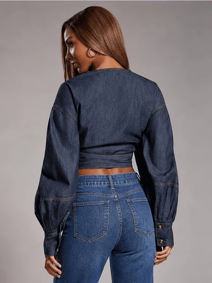 Denim Wrap Blouse with Puff Sleeves