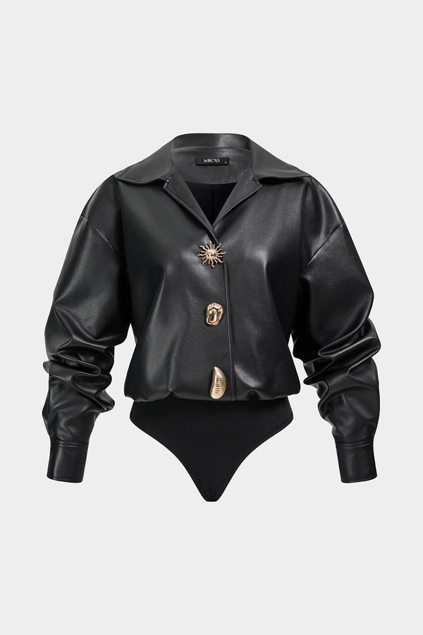 Leren-look metallic body met knoopjes en lange mouwen