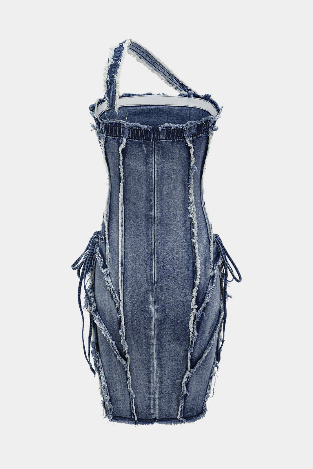 Asymmetrische denim minijurk met rafelrand