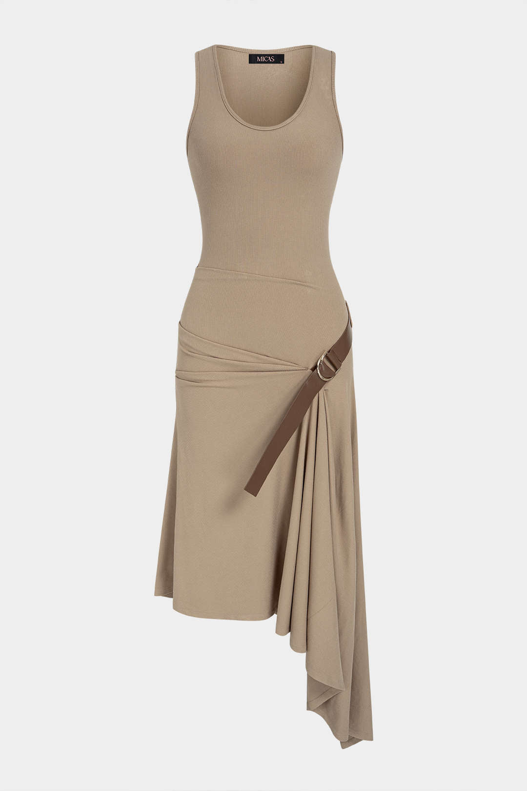 Asymmetrische mouwloze midijurk met ronde hals en riem