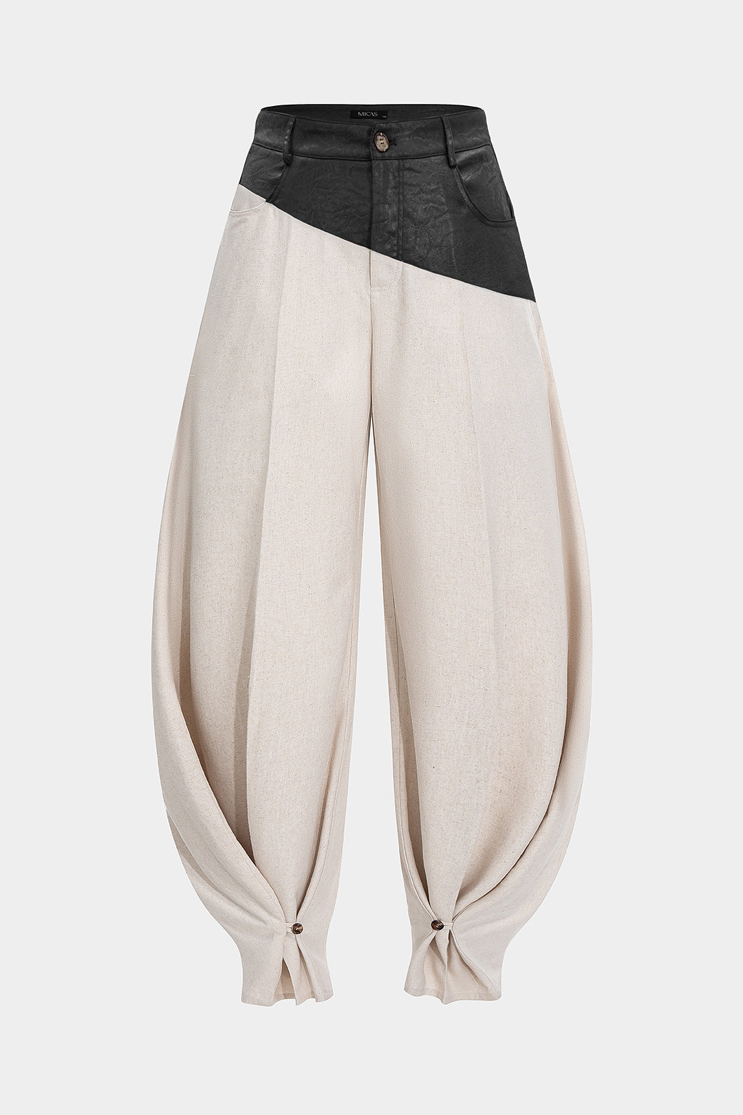 Leren-look patchwork pantalon met ruches en ballonmodel