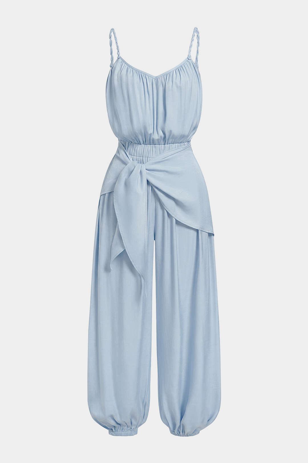 Mouwloze jumpsuit met V-hals, gedraaid detail en knoopdetail