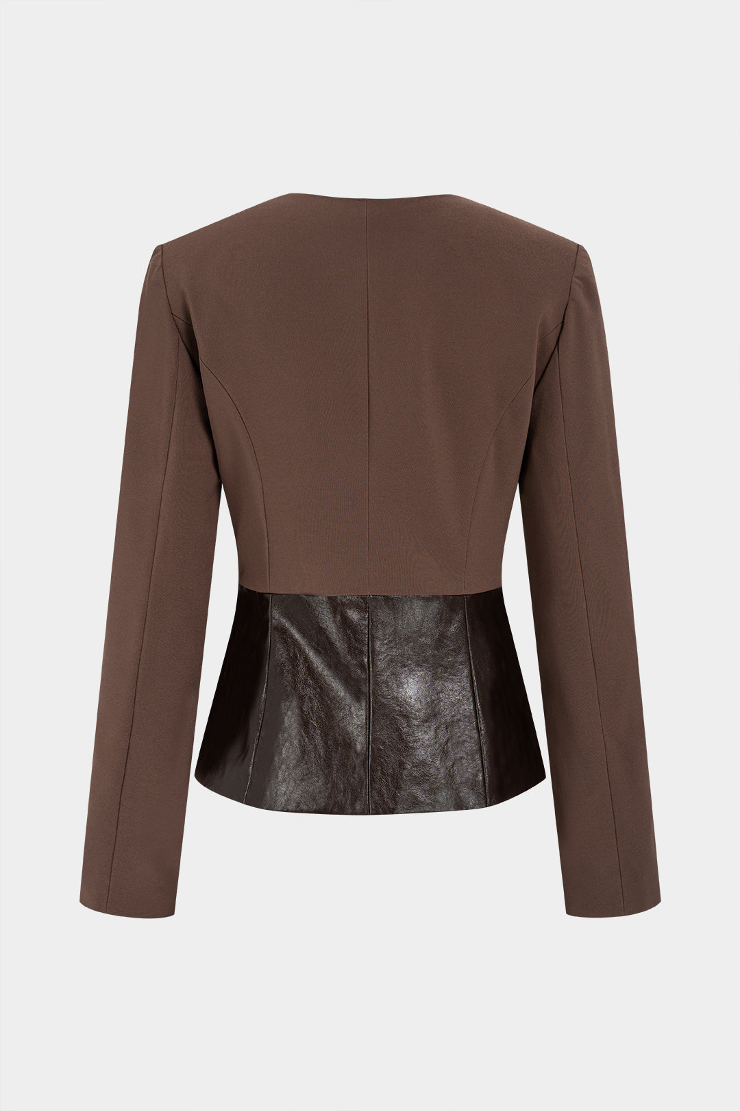 Leren-look patchwork jasje met V-hals, ruches en uitsnijding