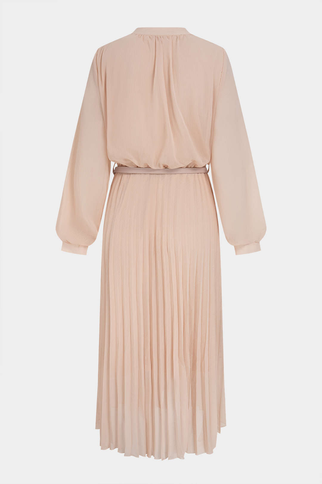 Chiffon geplooide midijurk met ronde hals en riem