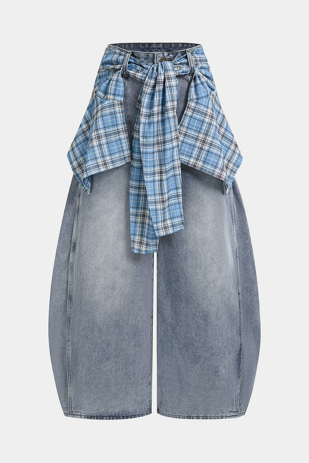 Geruite jeans met strik, zakken en hoge taille
