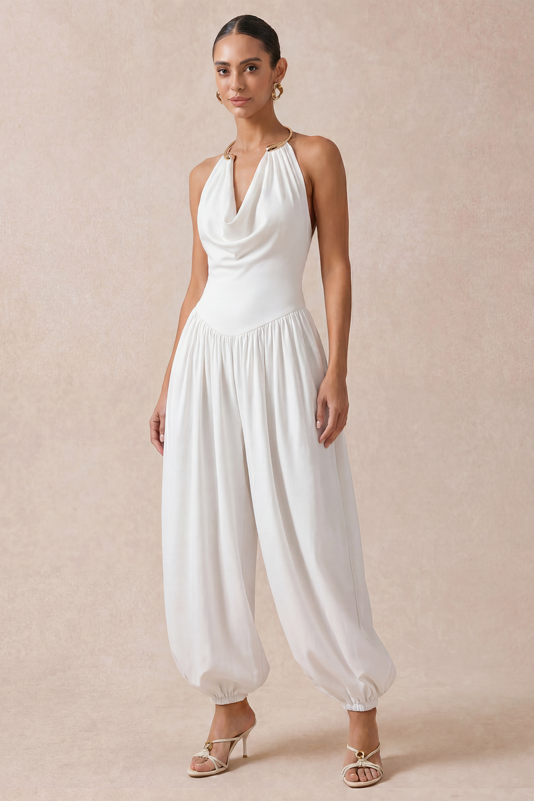 Metallic jumpsuit met drapering, watervalhals en ruches