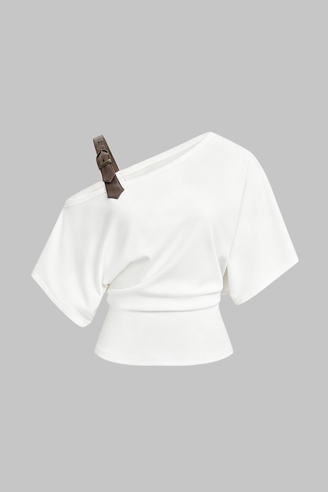 Asymmetrische leren-look top met gesp en één schouder