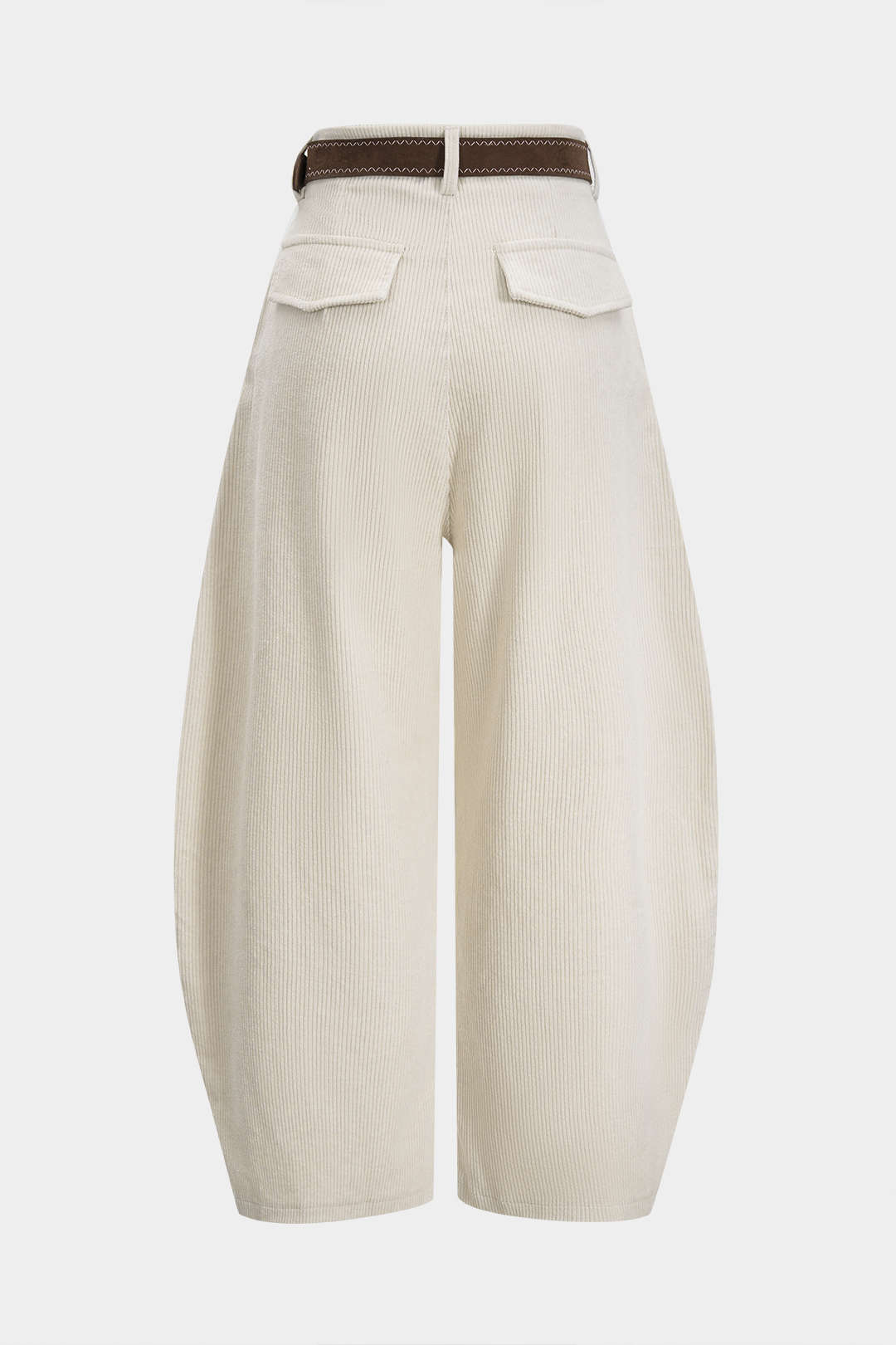 Ribfluwelen broek met riem, ruches en hoge taille