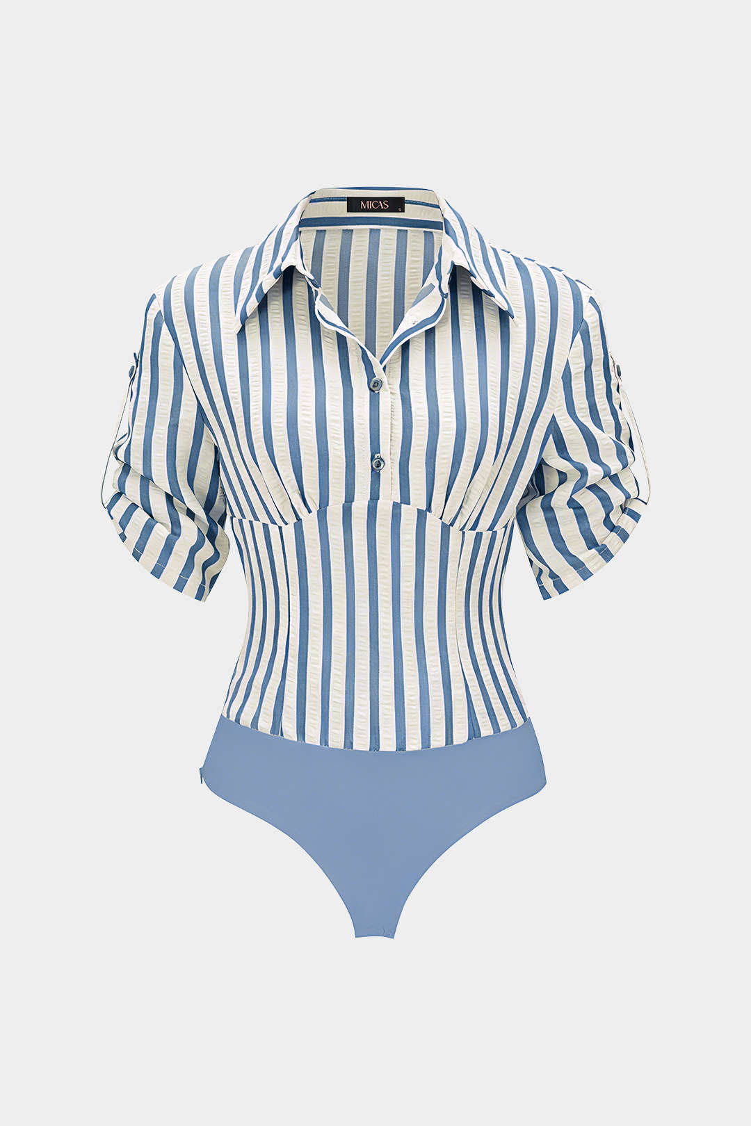 Gestreepte patchwork body met knoopjes, ruches en V-hals