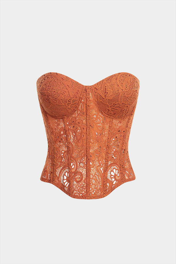 Strapless top met kant, borduursel en rits