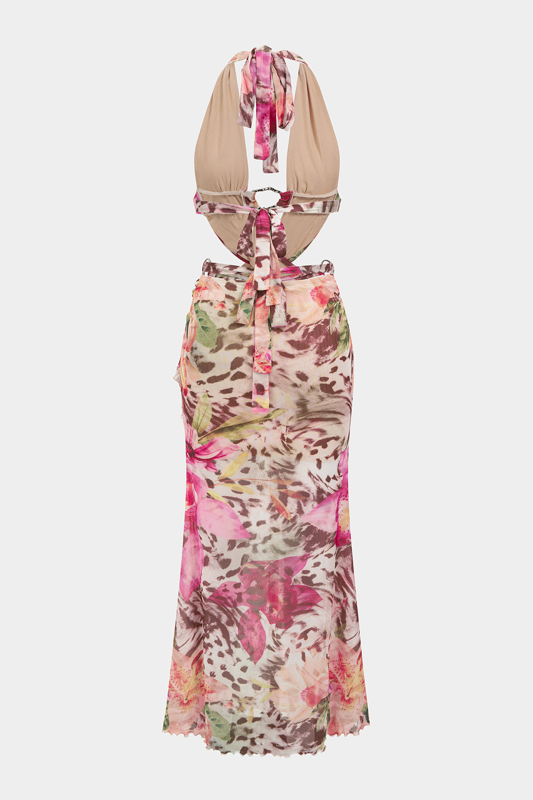 Bloemenprint mesh maxijurk met halternek en open rug