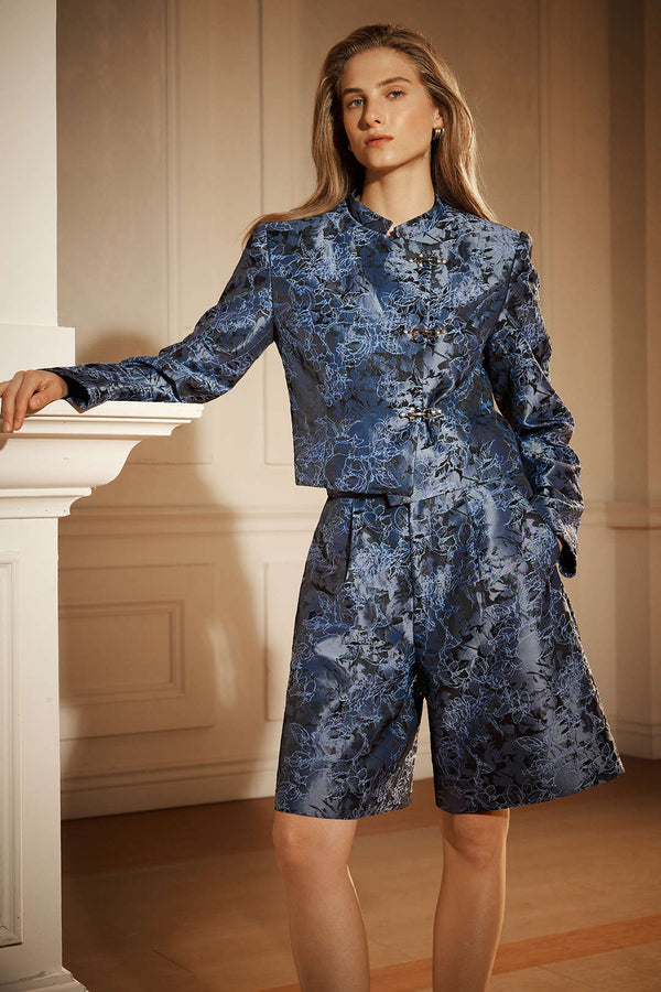 Jacquard metallic jasje met kraag