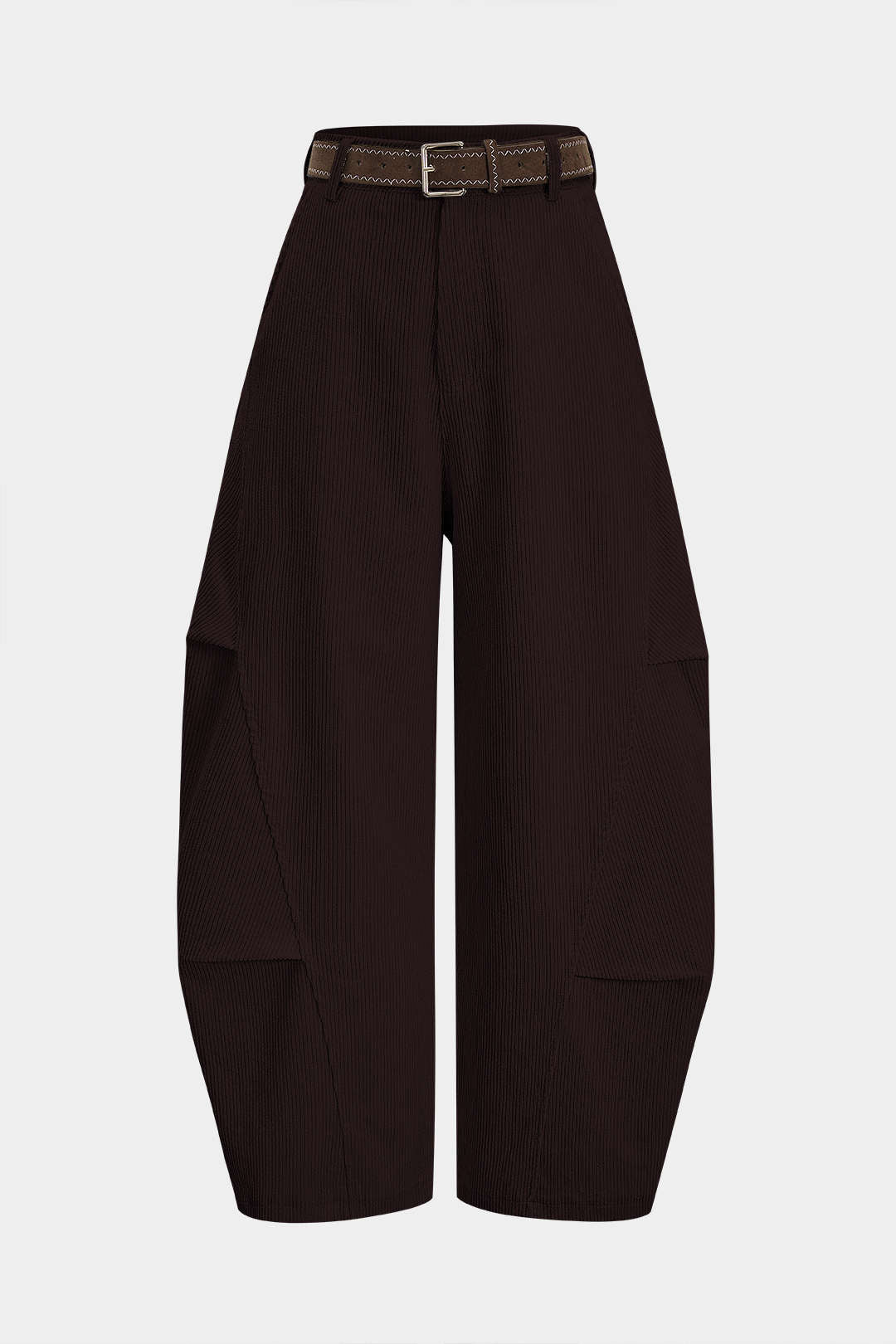 Ribfluwelen broek met riem, ruches en hoge taille